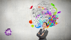 Business women with creative thouoght bubble overhead